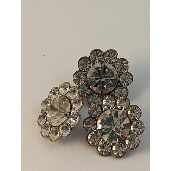 3 Vtge Rhinestone Buttons 7/8" Curved Shanks Clear On Silver Color - Picture 7 of 8